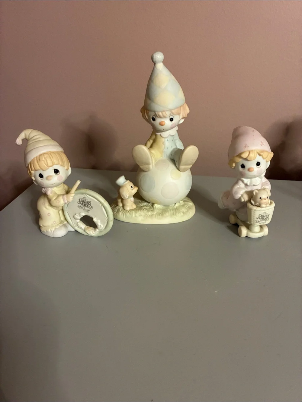Precious Moments Three-Piece Pastel Figurine Set in Cream and Pink